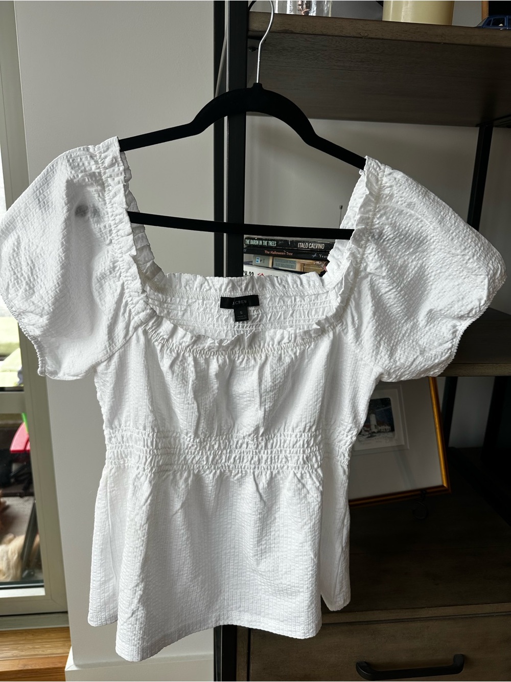 J. Crew White Smocked Top with Black Label